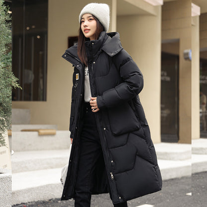 Womens Mid Length Over The Knee Detachable Hooded Padded Down Jacket With Cotton Lining