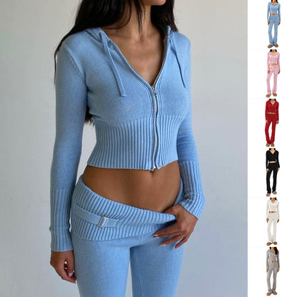 Hoodie Suit Sports Leisure Sexy Zip Long Sleeve Sweater And High Waist Long Pants Set Women's Clothing
