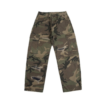 Retro Patchwork Ripped Bootcut Jeans With Large Pockets From A Trendy Streetwear Brand