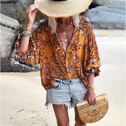 Lace-trimmed Long-sleeve Printed Loose-fitting Single-breasted Top