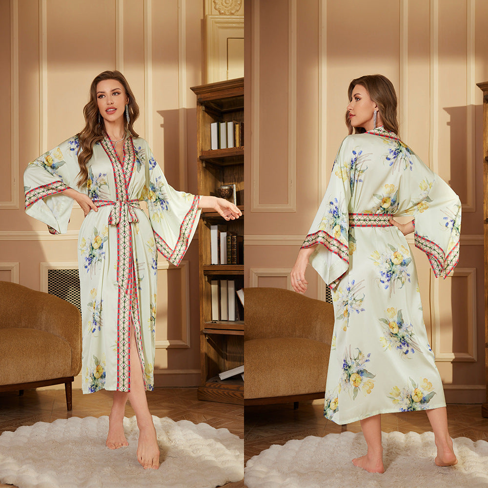 Long Robe Long Nightgown Womens Long Sleeved Satin Bathrobe