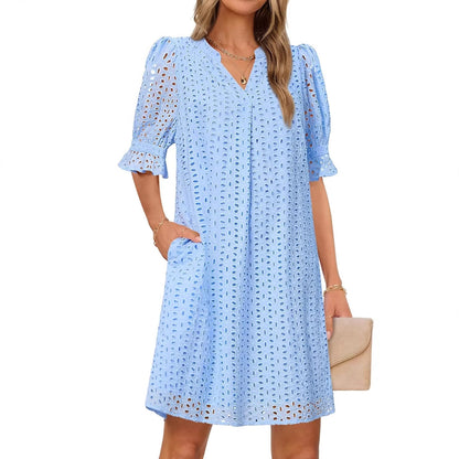 SpringSummer V Neck Pleated Collar Hollow Out Floral Lace Dress