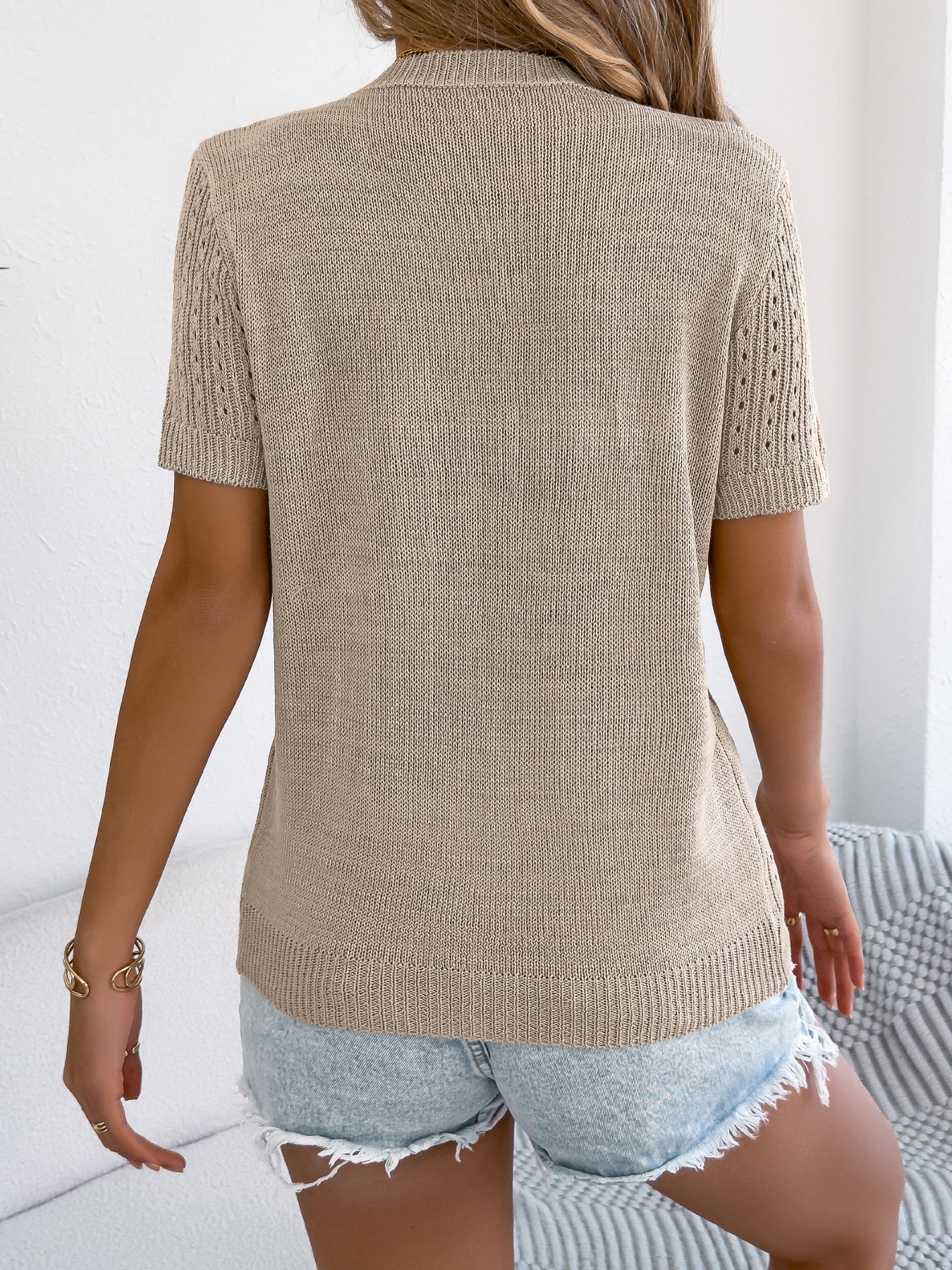 WomenS  Solid Color Hollow Out Button Short Sleeve Knit Top
