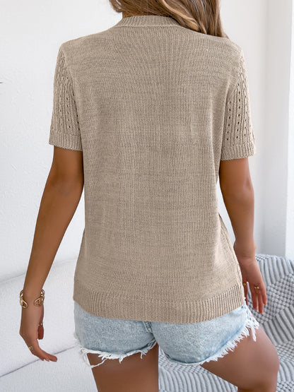 WomenS  Solid Color Hollow Out Button Short Sleeve Knit Top