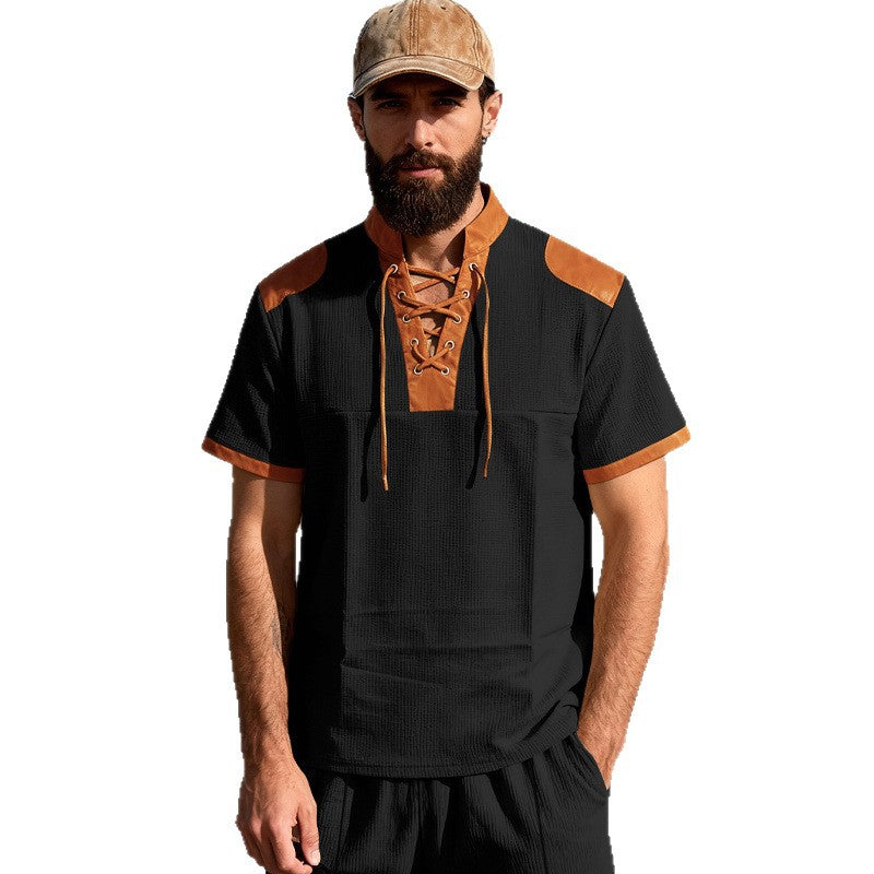 Mens Casual Medieval-Style Drawstring-Collar Short-Sleeve T-Shirt
