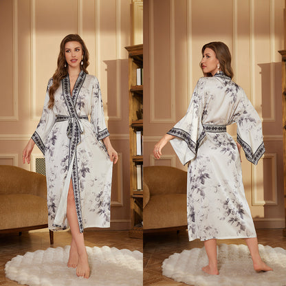 Long Robe Long Nightgown Womens Long Sleeved Satin Bathrobe