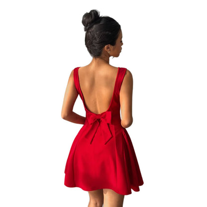 Elegant Red Evening Gown With A Bold Open Back Sleeveless Spaghetti Strap A Line Dress