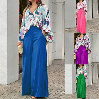 Flowers Print Suits Fashion Casual Button-up Long-sleeved Shirt And Wide-leg Pants Loose Beach Trousers Set