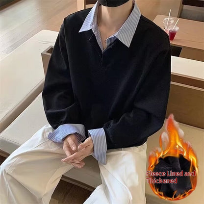 American-style Streetwear Faux Two-piece Fleece-lined Shirt-collar Hoodie