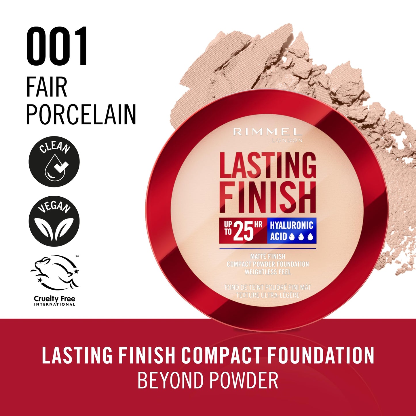 Rimmel Lasting Finish 25 HR Compact Foundation 001 Fair Porcelain, Matte Buildable Coverage, Powder-to-Cream, Anti-Pollution Shields, SPF 20, Hyaluronic Acid, Waterproof, Hides Imperfections