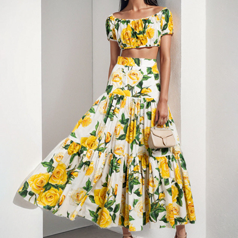 European And American Womens Elegant Sexy Printed Pleated Skirt Fashion Set