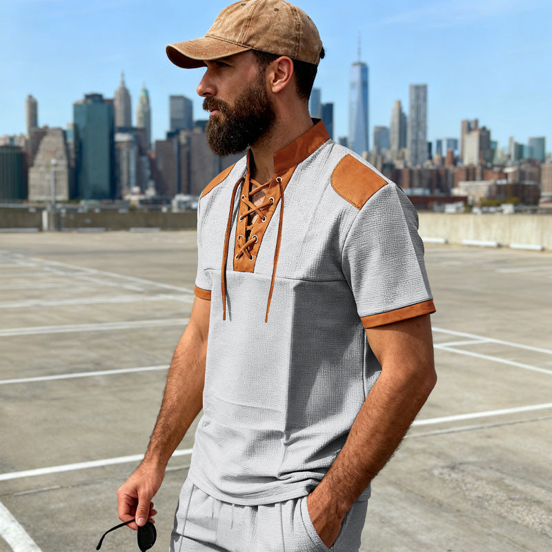Mens Casual Medieval-Style Drawstring-Collar Short-Sleeve T-Shirt