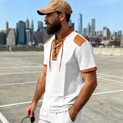 Mens Casual Medieval-Style Drawstring-Collar Short-Sleeve T-Shirt