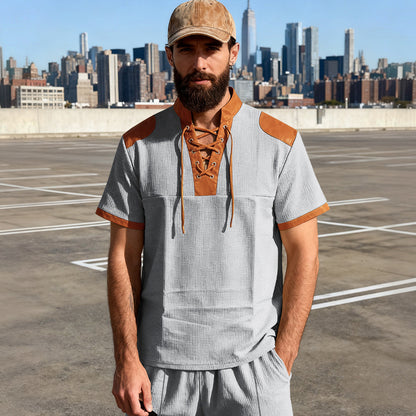 Mens Casual Medieval-Style Drawstring-Collar Short-Sleeve T-Shirt