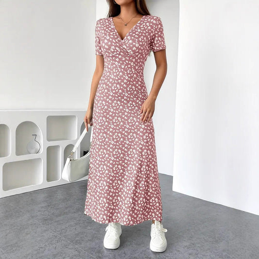 Womens Short-Sleeve Mid-Length Floral V-Neck Dress