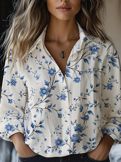 Floral-print Long-sleeve Shirt Delicate Linen Casual Blouse