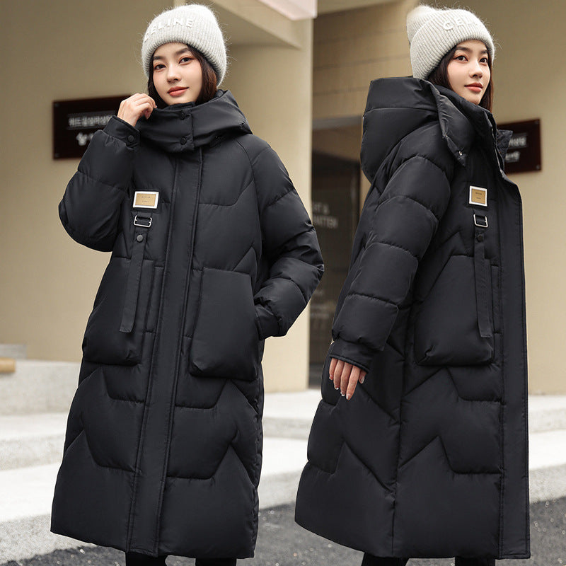 Womens Mid Length Over The Knee Detachable Hooded Padded Down Jacket With Cotton Lining