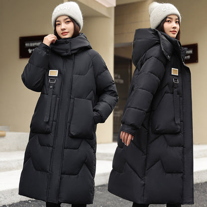 Womens Mid Length Over The Knee Detachable Hooded Padded Down Jacket With Cotton Lining