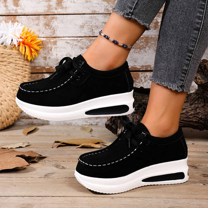 European And American-style Thick-soled Loafers With Front Laces And A Wedge Heelcasual Single-layer Shoes