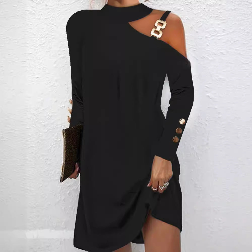 Fashion Women Solid Casual Dress Female Elegant Long Sleeve Metal Buckle Halter Neck Casual Mini Dress