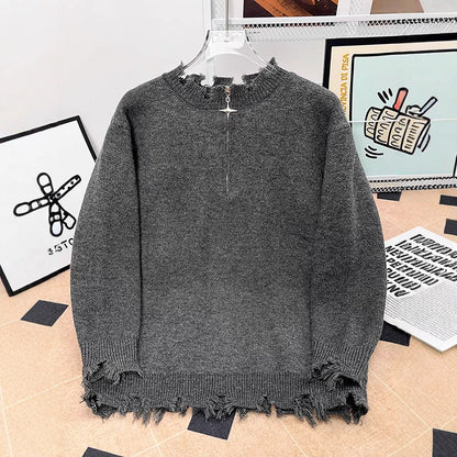 Mens Heavyweight High-street Half-zip Distressed Sweater In American Style