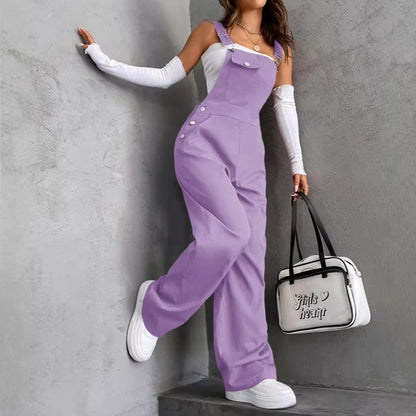 Retro Pocket Solid-Color Straight-Leg Workwear Suspender Jumpsuit