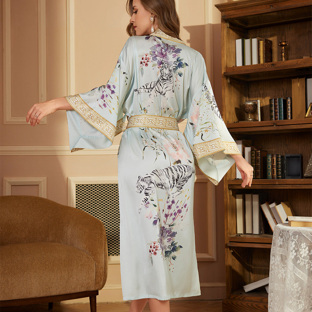 Long Robe Long Nightgown Womens Long Sleeved Satin Bathrobe