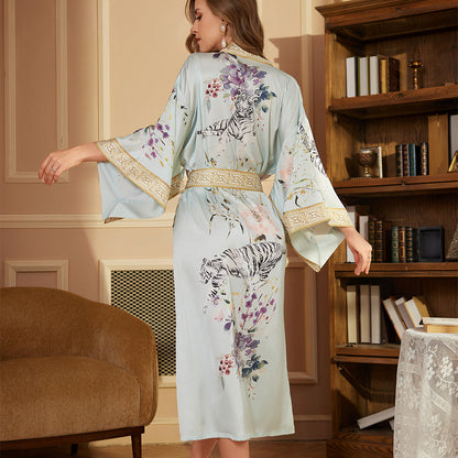 Long Robe Long Nightgown Womens Long Sleeved Satin Bathrobe