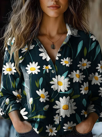 Floral-print Long-sleeve Shirt Delicate Linen Casual Blouse