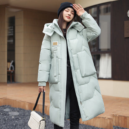 Womens Mid Length Over The Knee Detachable Hooded Padded Down Jacket With Cotton Lining