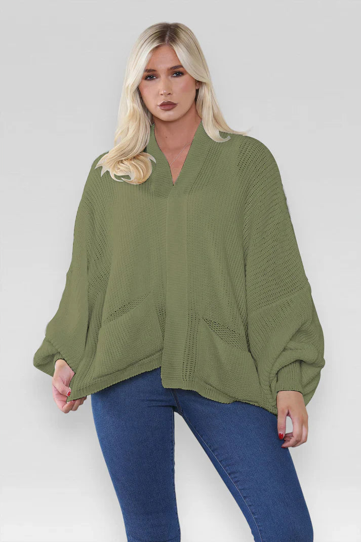 Ladies Oversized Cropped Short Balloon Pocket Chunky Knitted Cardigan