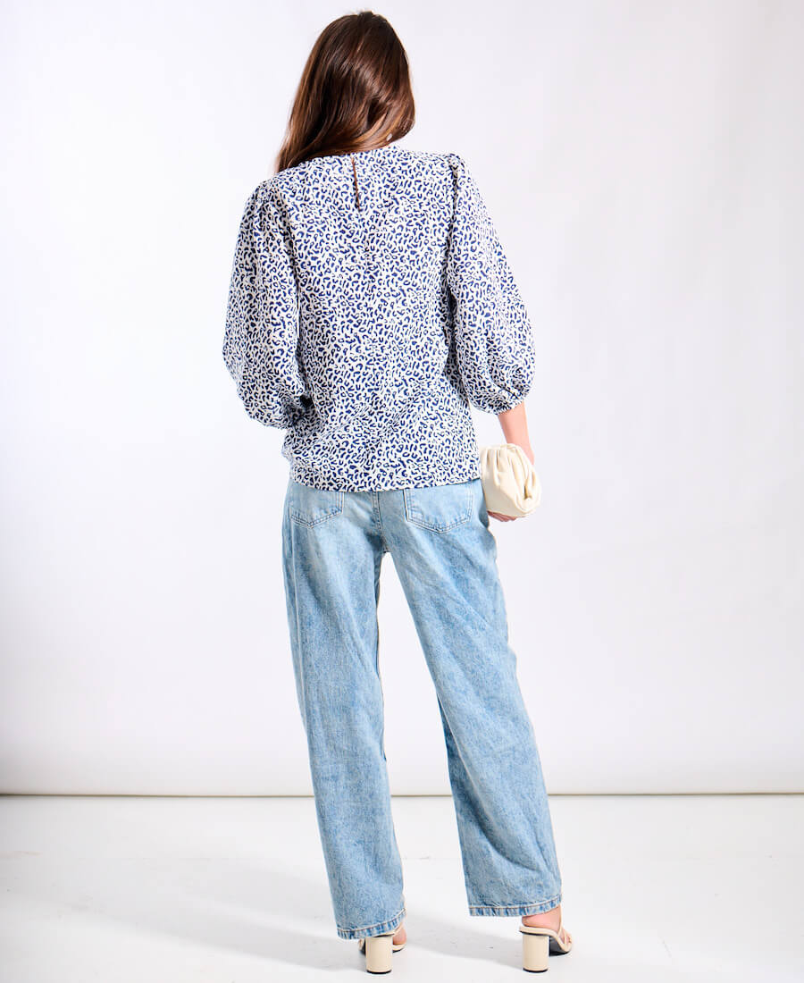 Blue Animal Puff Sleeve Blouse