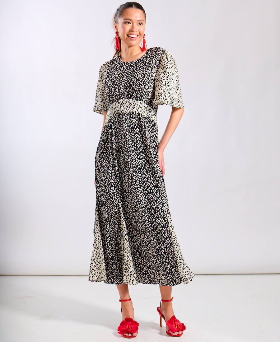 Contrast Animal Satin Midi Occasion Dress