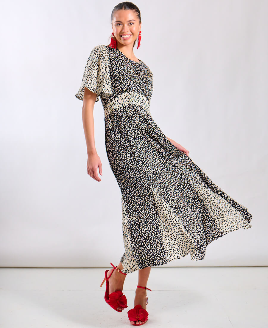 Contrast Animal Satin Midi Occasion Dress