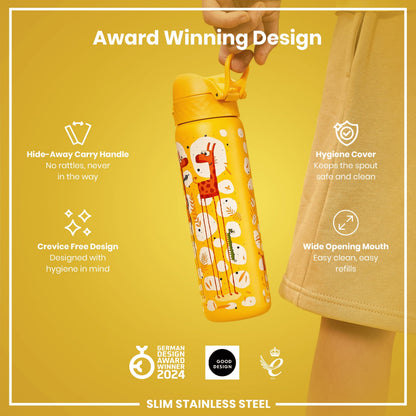 Leak Proof Slim Water Bottle, Stainless Steel, Giraffes, 600ml (20oz)