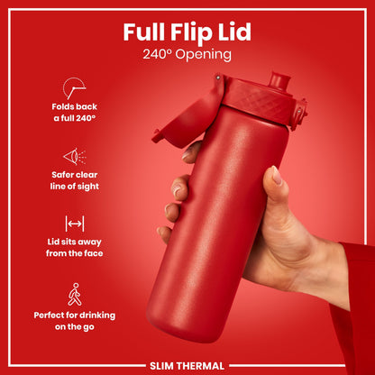 Leak Proof Slim Thermal Steel Water Bottle, Insulated, Red, 500ml (17oz)