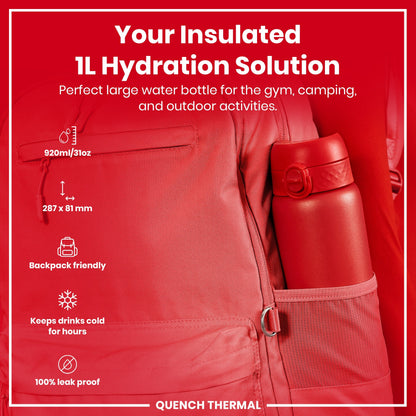 Leak Proof 1 Litre Thermal Water Bottle, Insulated, Red, 1L