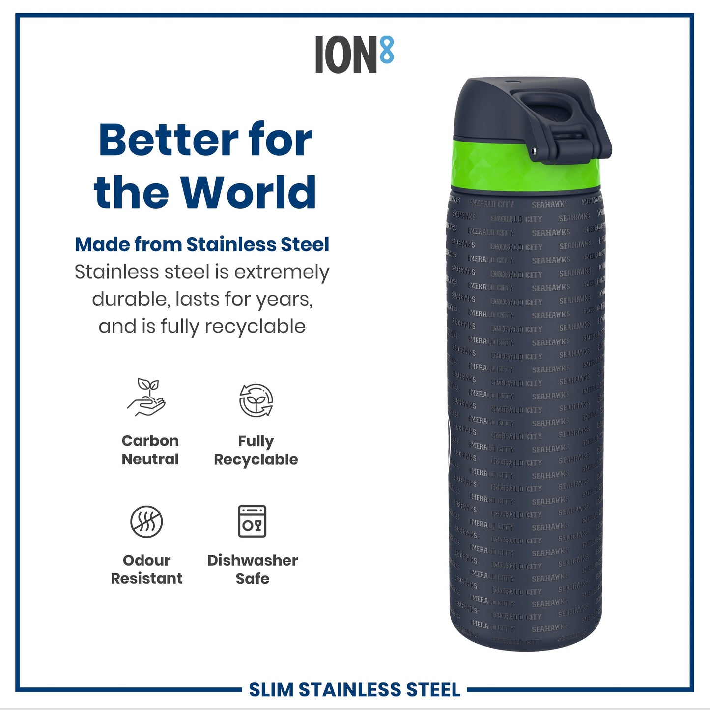 Leak Proof NFL Water Bottle, Stainless Steel, Seattle Seahawks, 600ml (20oz)