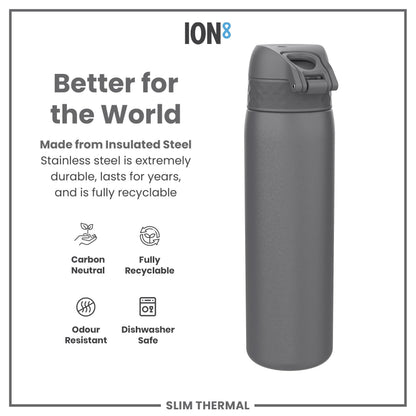 Leak Proof Slim Thermal Steel Water Bottle, Insulated, Grey, 500ml (17oz)