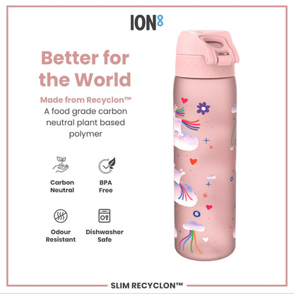Leak Proof Slim Water Bottle, Recyclon, Unicorn Rainbows, 500ml (18oz)
