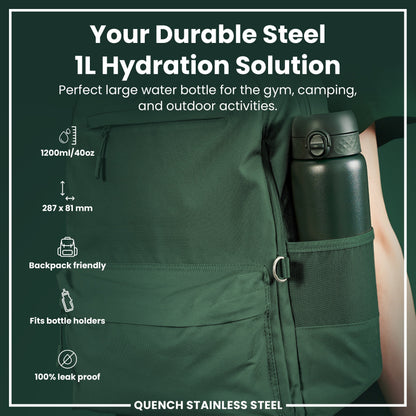 Leak Proof 1 Litre Water Bottle, Stainless Steel, Dark Green, 1L