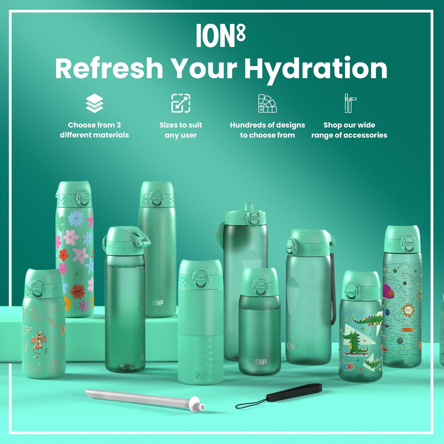 Leak Proof Slim Water Bottle, Stainless Steel, Teal, 600ml (20oz)
