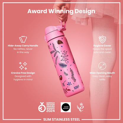 Leak Proof Slim Water Bottle, Stainless Steel, Flamingo, 600ml (20oz)