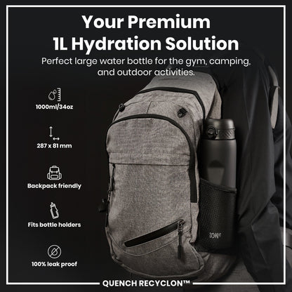 Leak Proof 1 litre Water Bottle, Recyclon, Black, 1L