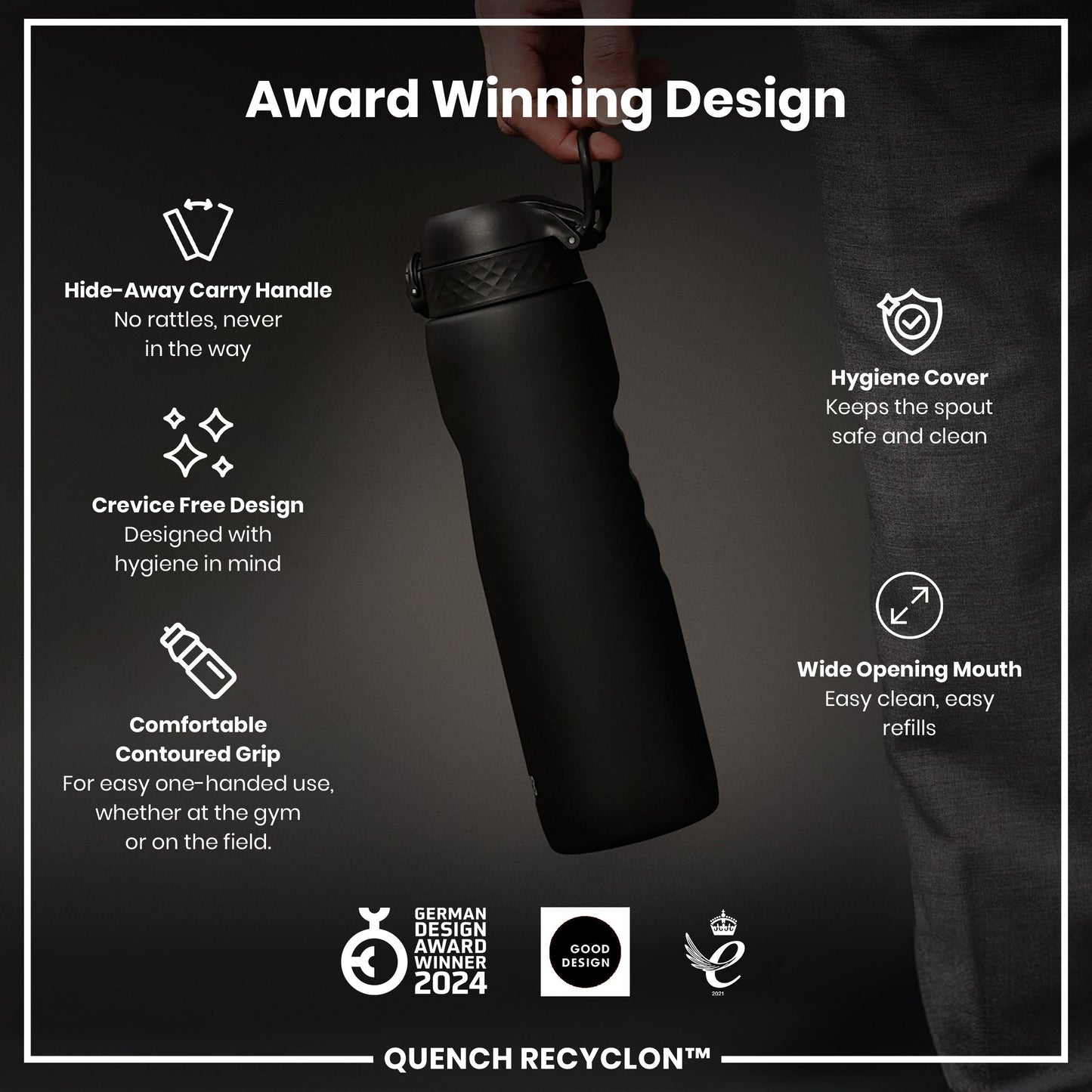 Leak Proof 1 litre Water Bottle, Recyclon, Black, 1L