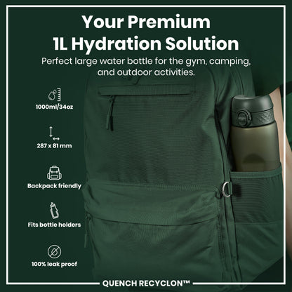Leak Proof 1 litre Water Bottle, Recyclon, Dark Green, 1L