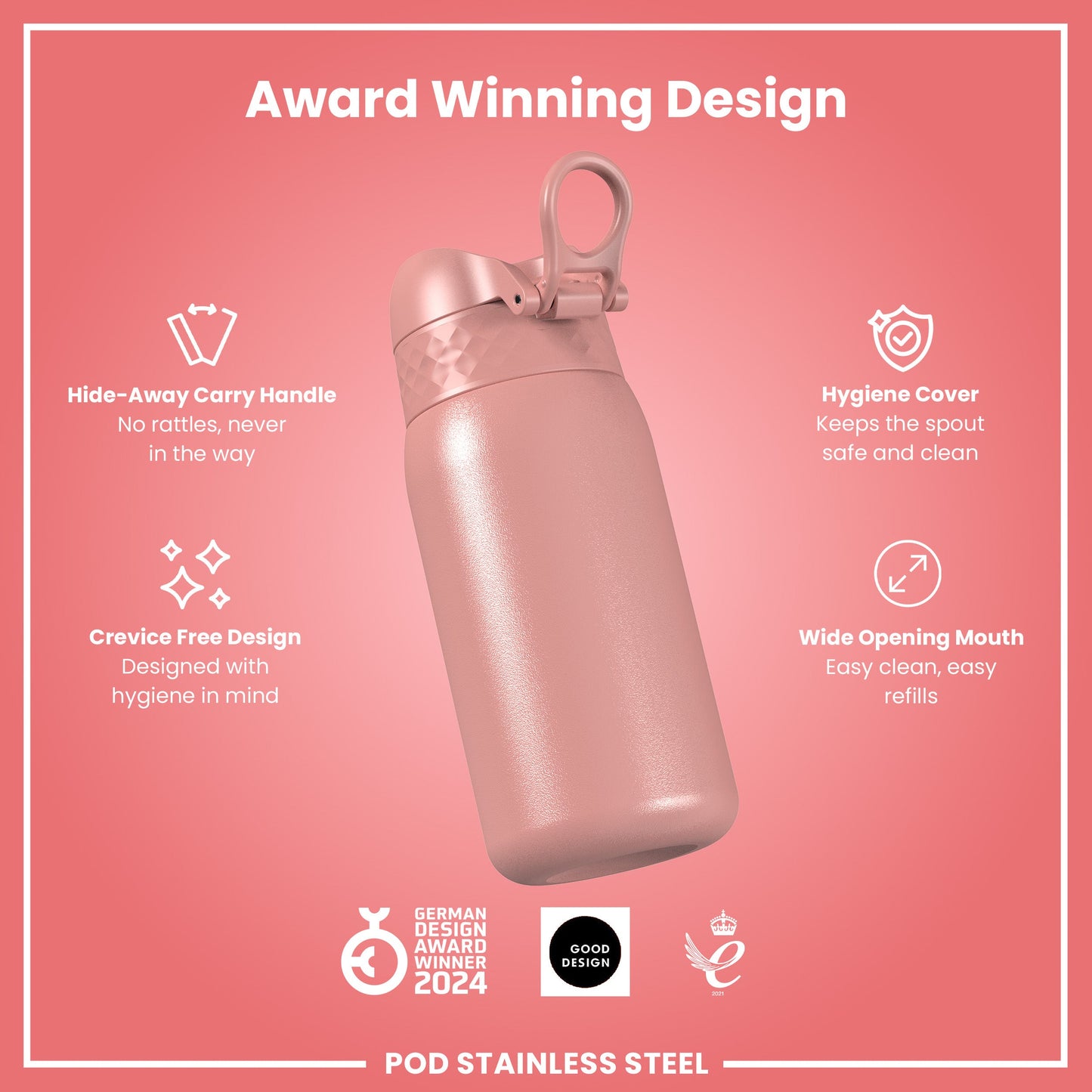 Leak Proof Kids Water Bottle, Stainless Steel, Ash Rose, 400ml (13oz)