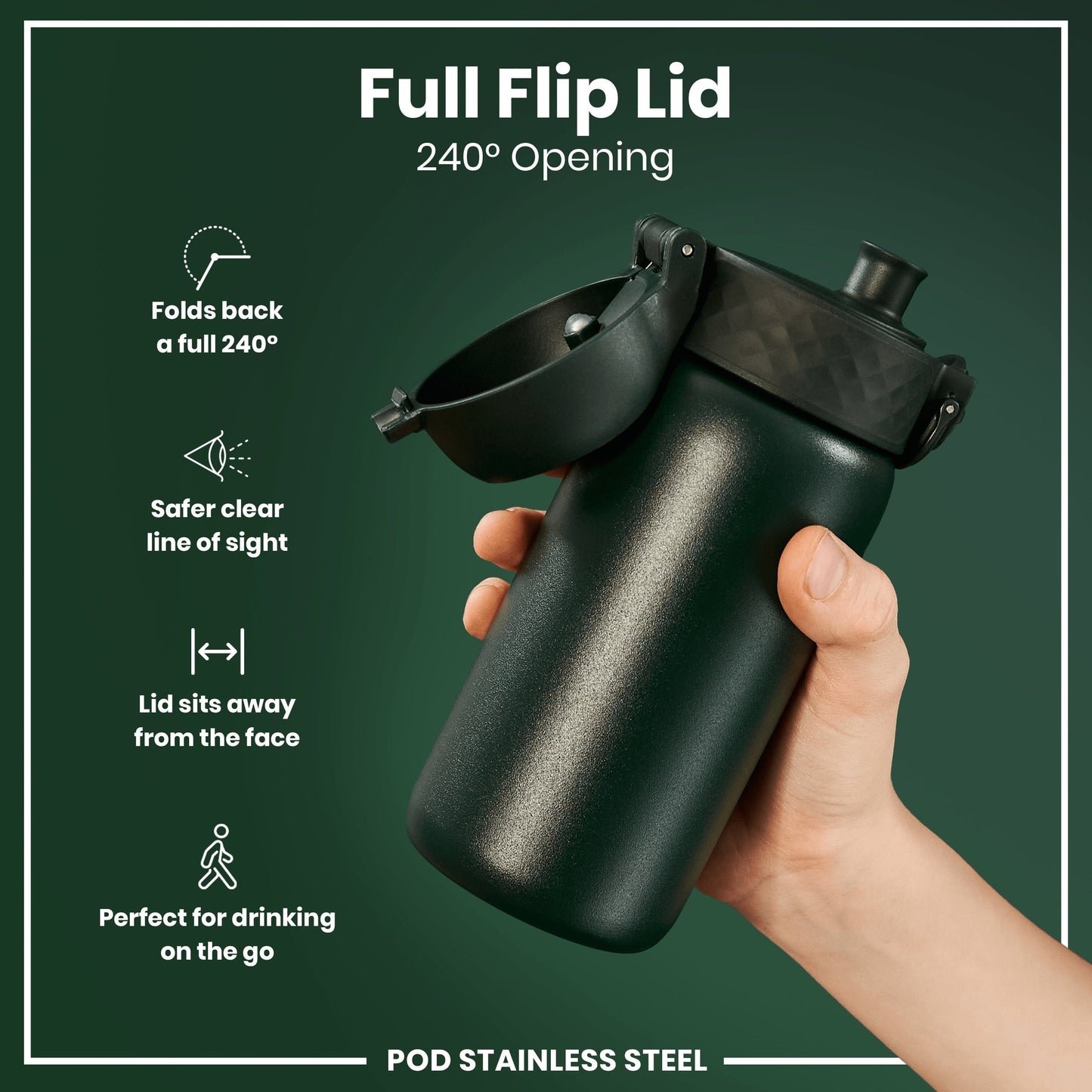 Leak Proof Kids Water Bottle, Stainless Steel, Dark Green, 400ml (13oz)