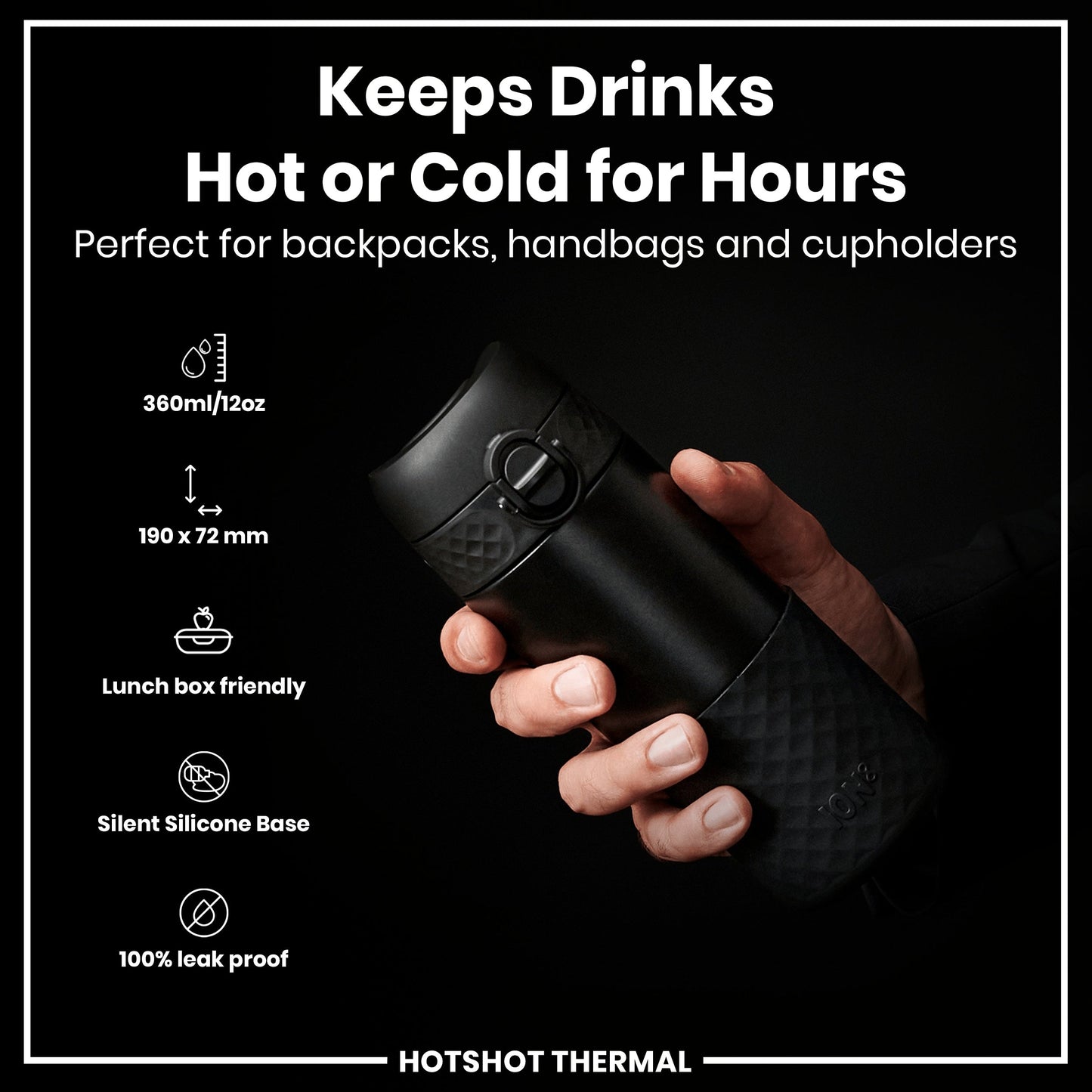 HotShot Leak Proof Insulated Cup, Travel Mug, Black, 360ml (12oz)