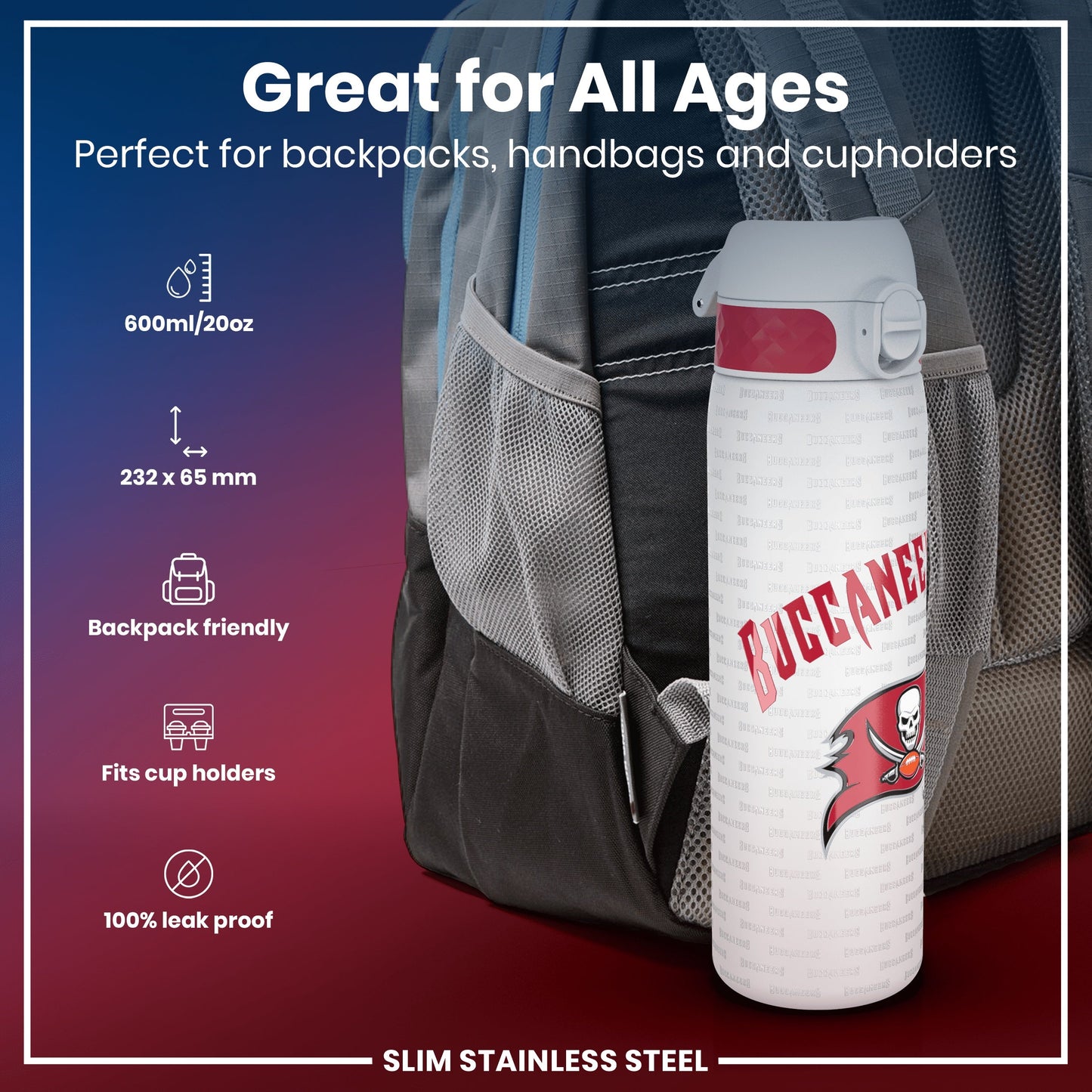 Leak Proof NFL Water Bottle, Stainless Steel, Arizona Cardinals, 600ml (20oz)
